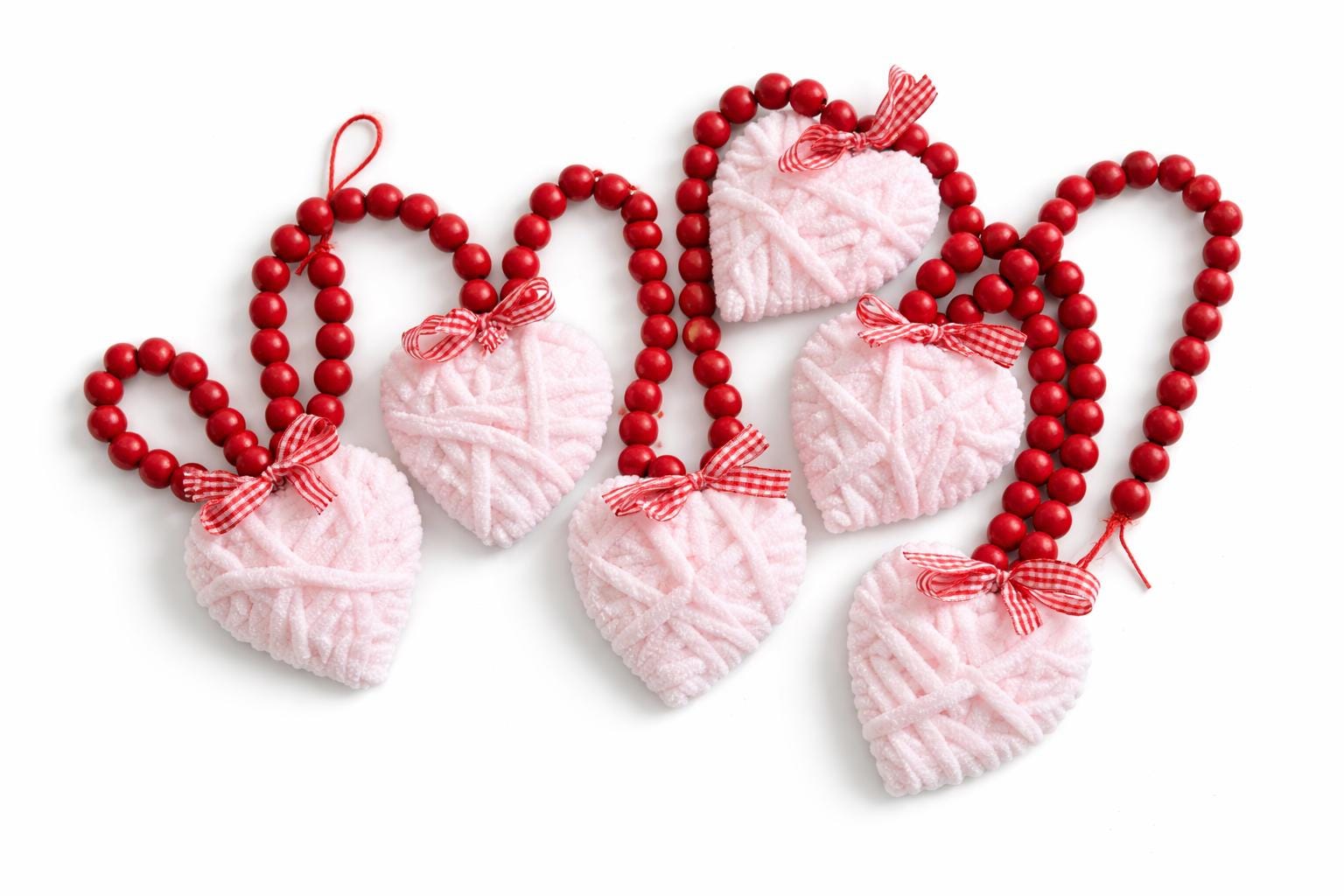 Pink Heart Bead Garland  Valentine Decor, Farmhouse Tiered Tray, Handmade Yarn Heart Garland, Wood Bead Garland
