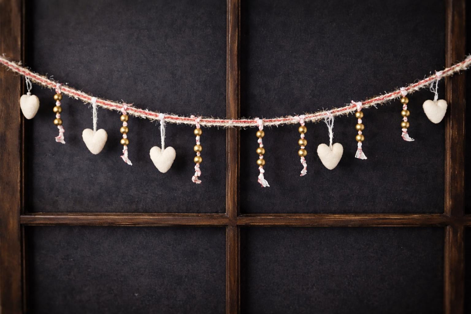 Neutral Valentine Garland 75 Inch | Brass Bead Felt Heart Garland | Minimal Valentine Mantel Decor | Cottage Valentine Garland