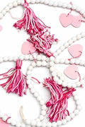 Valentine Beaded Garland with Pink Hearts & Tassels | Farmhouse Valentine Decor | Mantel Shelf Tiered Tray Decoration
