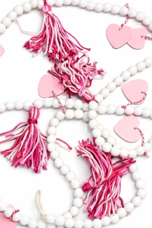 Valentine Beaded Garland with Pink Hearts & Tassels | Farmhouse Valentine Decor | Mantel Shelf Tiered Tray Decoration