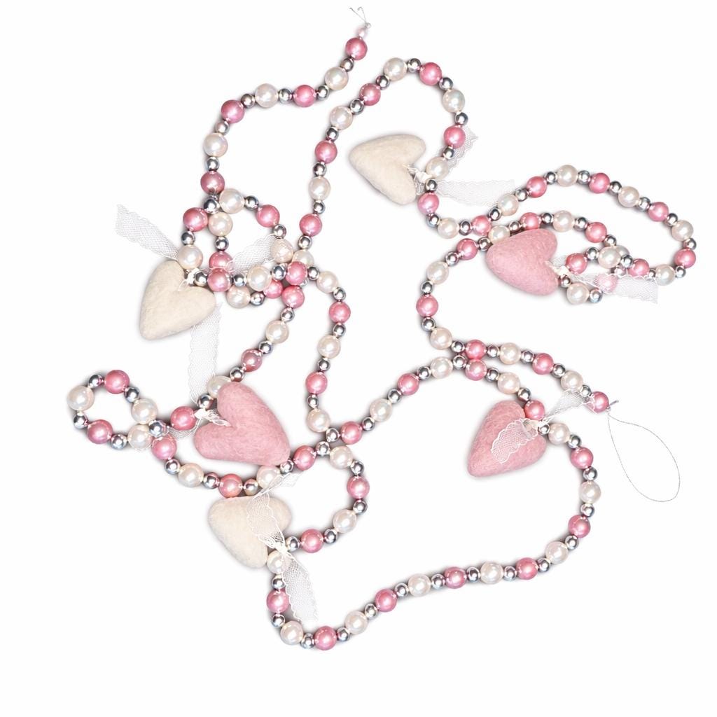 Valentine Beaded Garland with Felt Hearts | Pink & White Glass Beads | Romantic Valentine Decor | Handmade Heart Garland