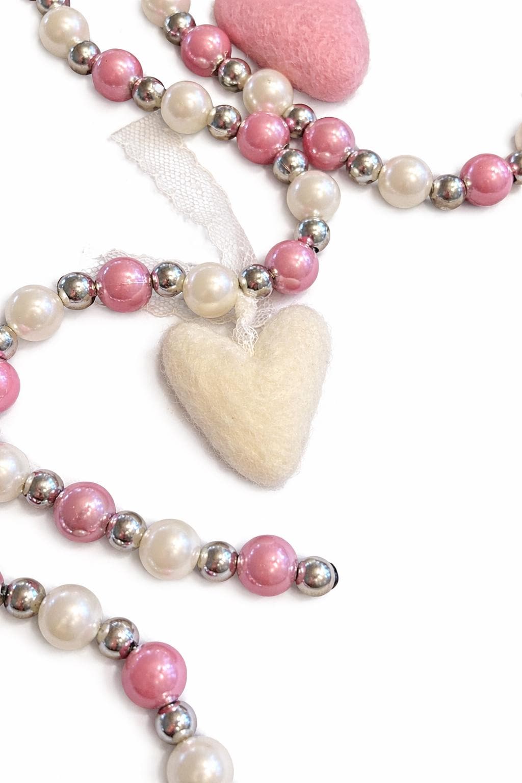 Valentine Beaded Garland with Felt Hearts | Pink & White Glass Beads | Romantic Valentine Decor | Handmade Heart Garland