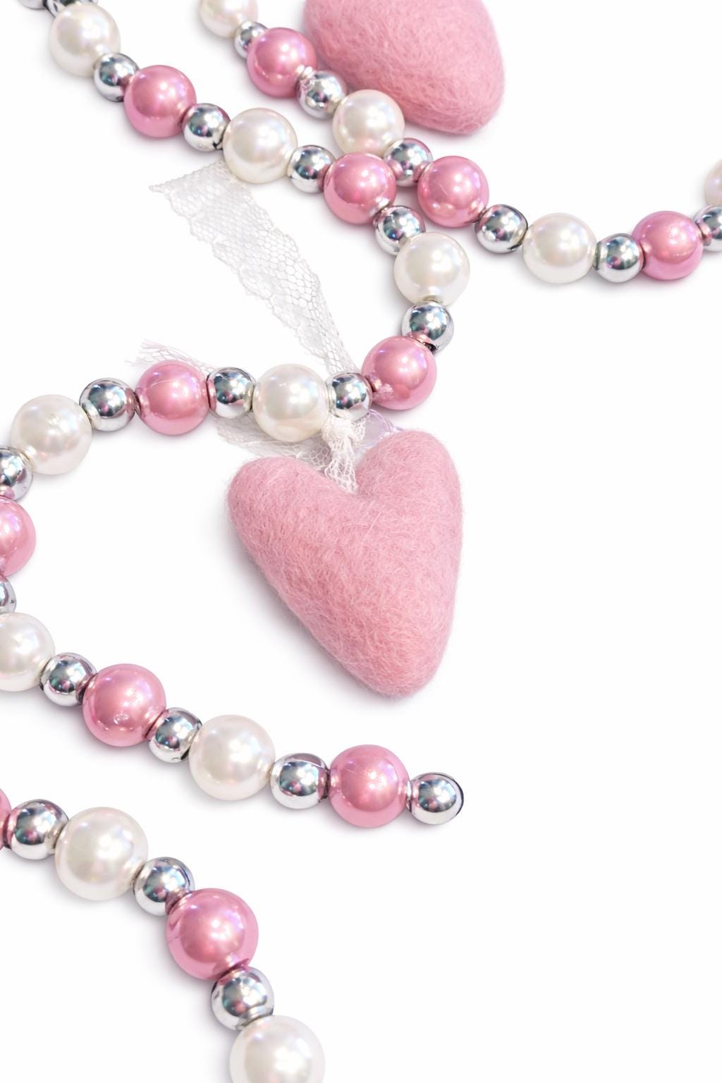 Valentine Beaded Garland with Felt Hearts | Pink & White Glass Beads | Romantic Valentine Decor | Handmade Heart Garland