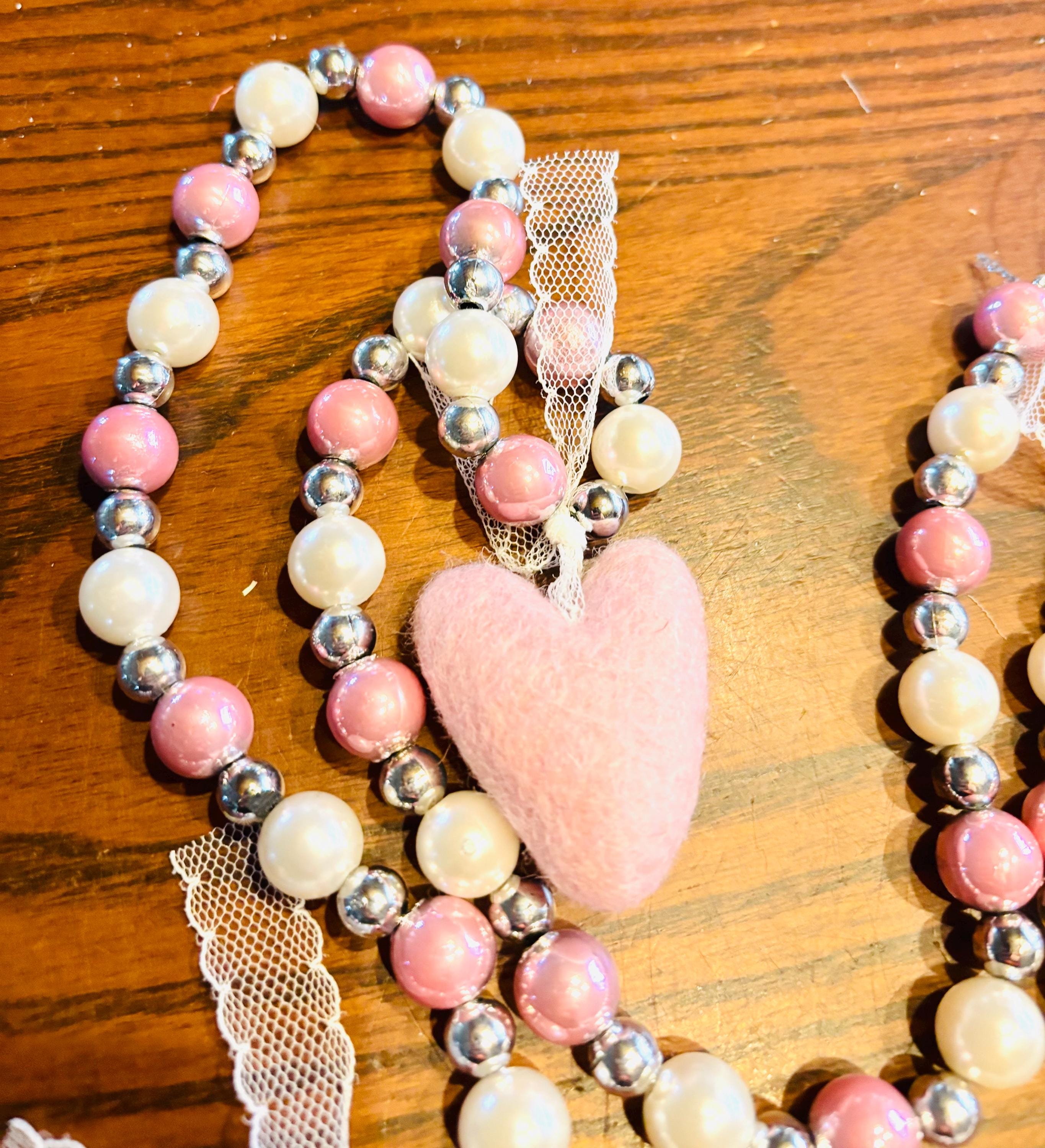 Valentine Beaded Garland with Felt Hearts | Pink & White Glass Beads | Romantic Valentine Decor | Handmade Heart Garland