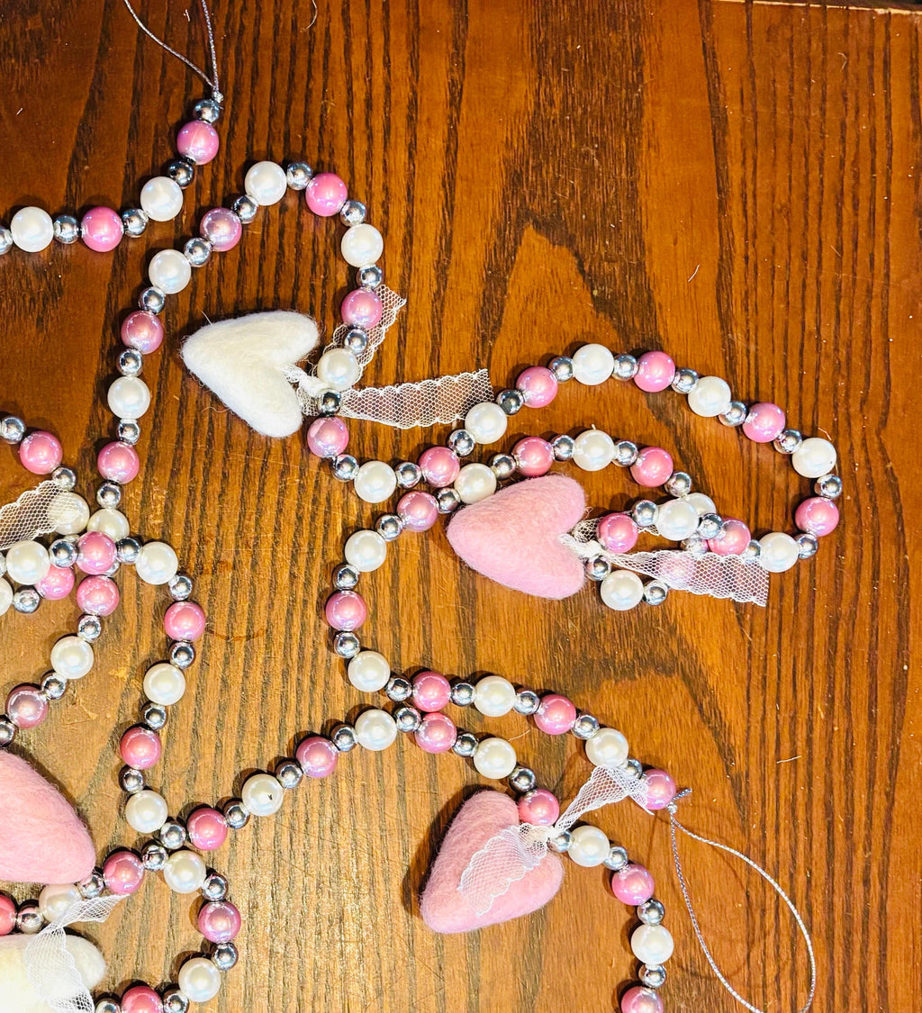 Valentine Beaded Garland with Felt Hearts | Pink & White Glass Beads | Romantic Valentine Decor | Handmade Heart Garland