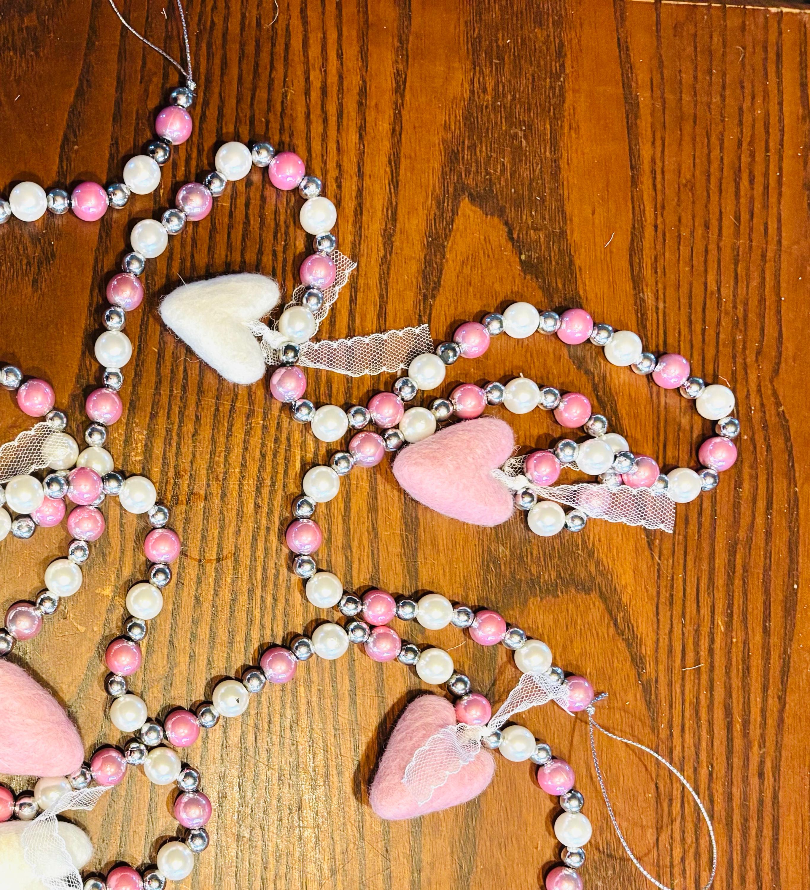 Valentine Beaded Garland with Felt Hearts | Pink & White Glass Beads | Romantic Valentine Decor | Handmade Heart Garland