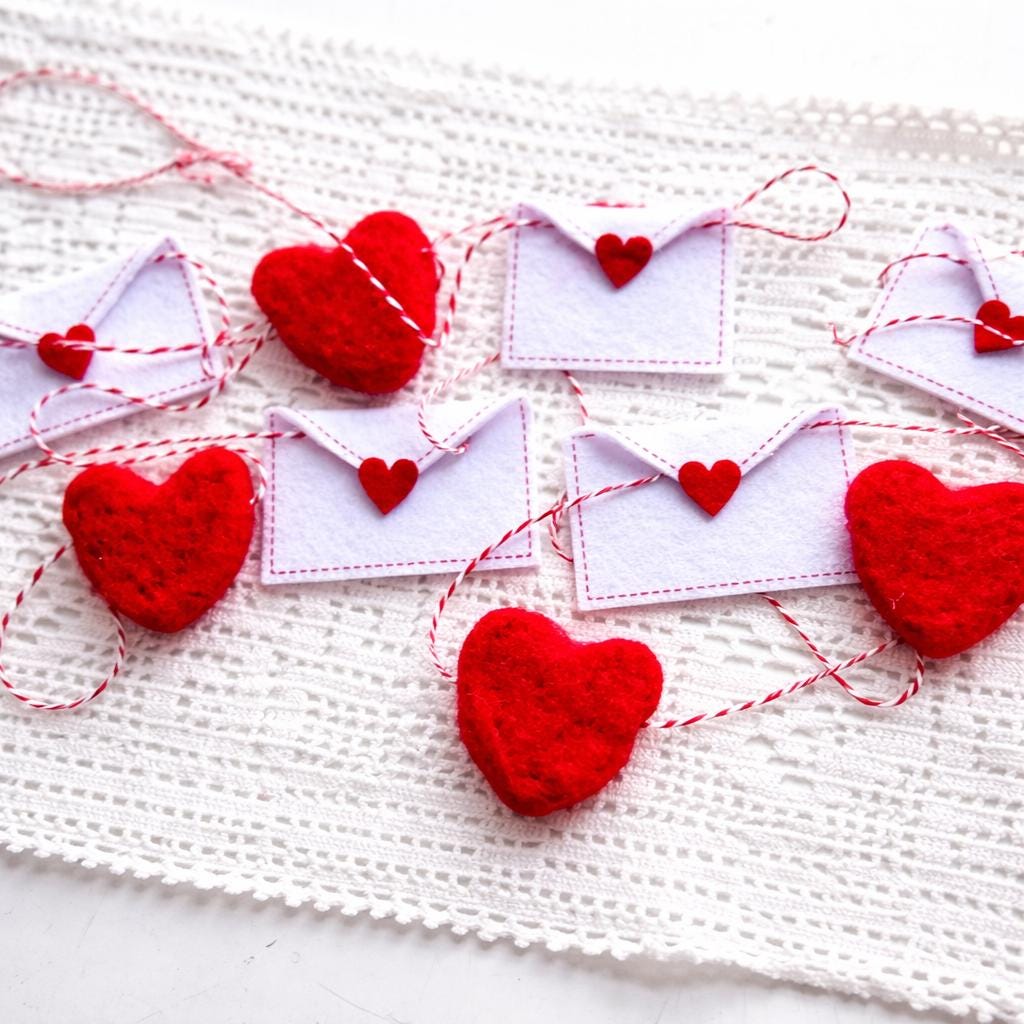 Mini Heart Envelope Garland, Valentine's Day Garland, Heart Garland, Felt Garland, Sweetheart Garland, Red Heart Garland, Valentine Decor