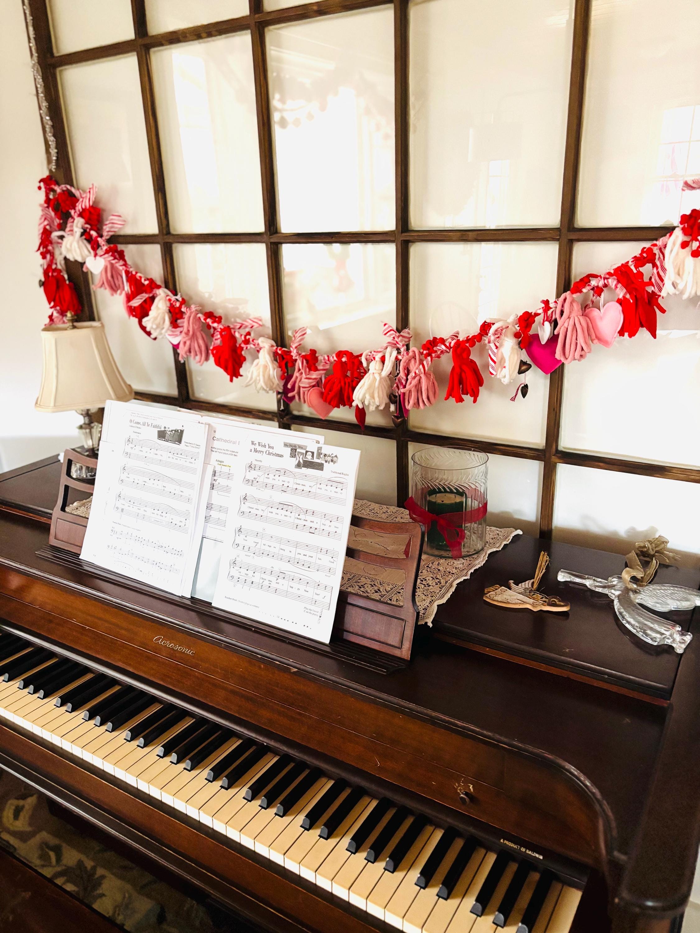 Valentine Garland 90 Inch | Red & Pink Chenille Tassel Garland | Handmade Valentine Mantel Decor | Fabric Heart Garland