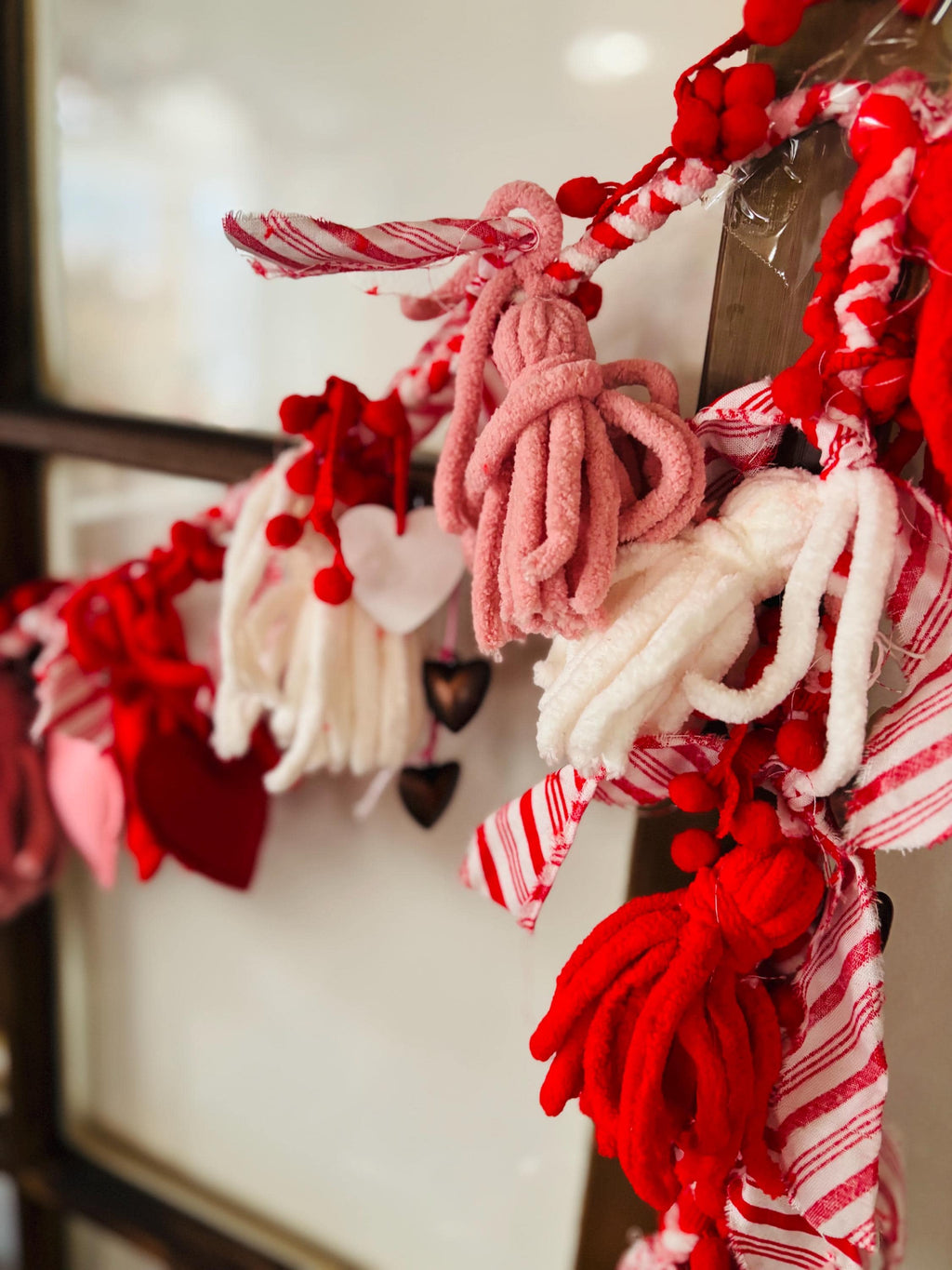 Valentine Garland 90 Inch | Red & Pink Chenille Tassel Garland | Handmade Valentine Mantel Decor | Fabric Heart Garland
