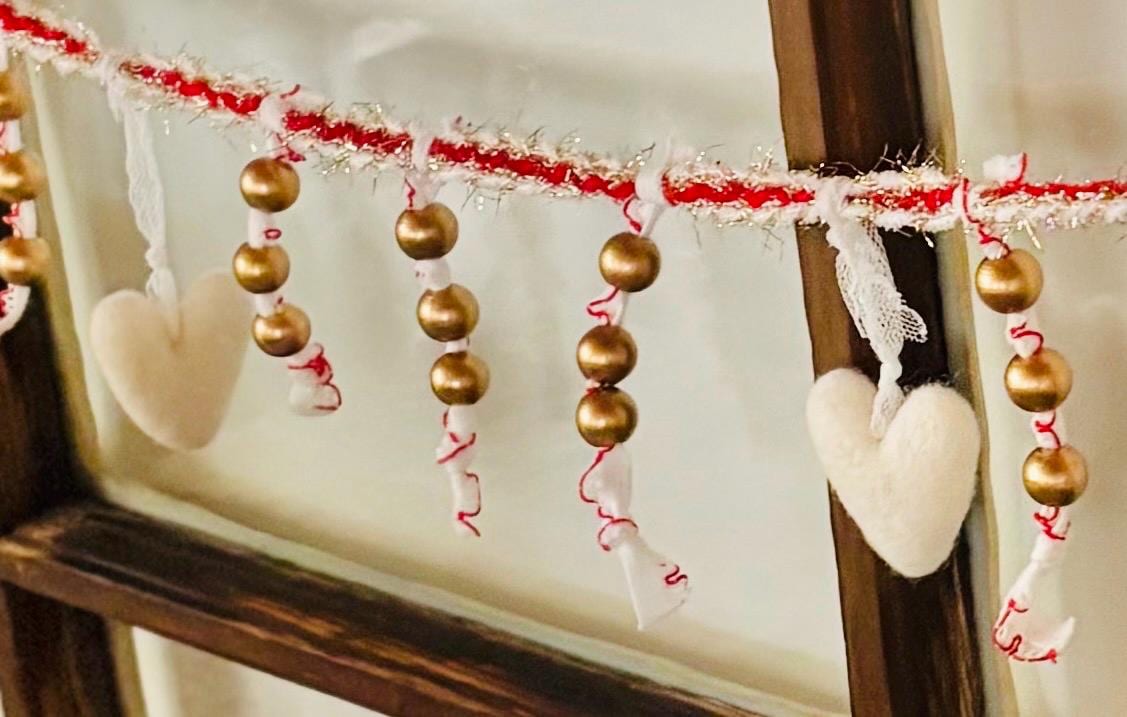 Neutral Valentine Garland 75 Inch | Brass Bead Felt Heart Garland | Minimal Valentine Mantel Decor | Cottage Valentine Garland