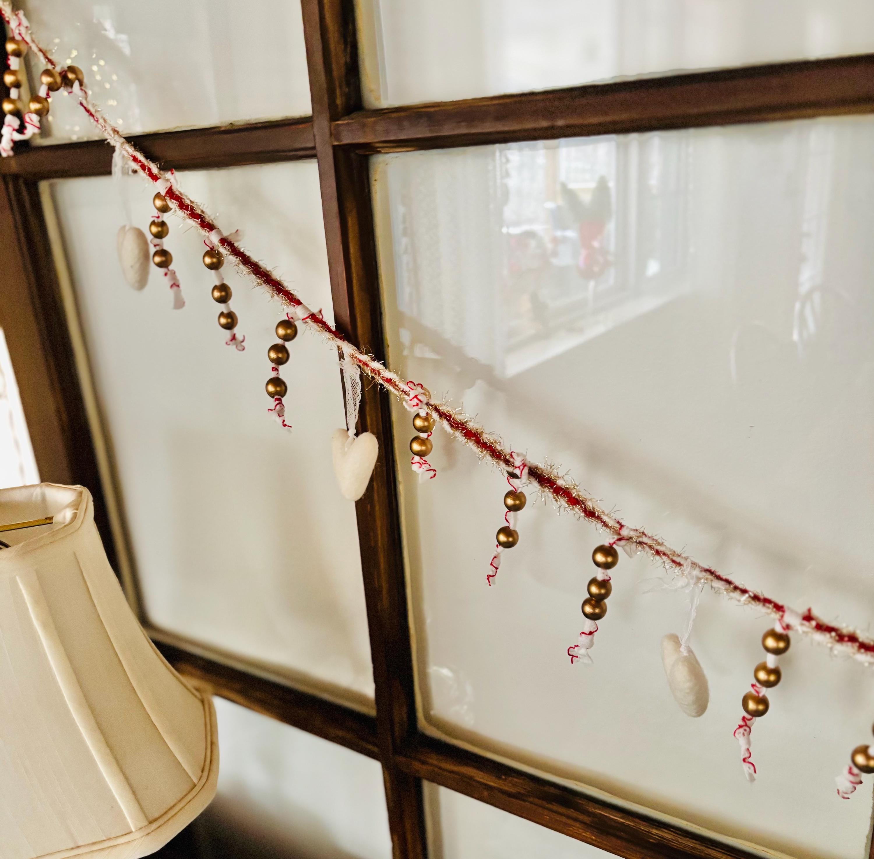 Neutral Valentine Garland 75 Inch | Brass Bead Felt Heart Garland | Minimal Valentine Mantel Decor | Cottage Valentine Garland