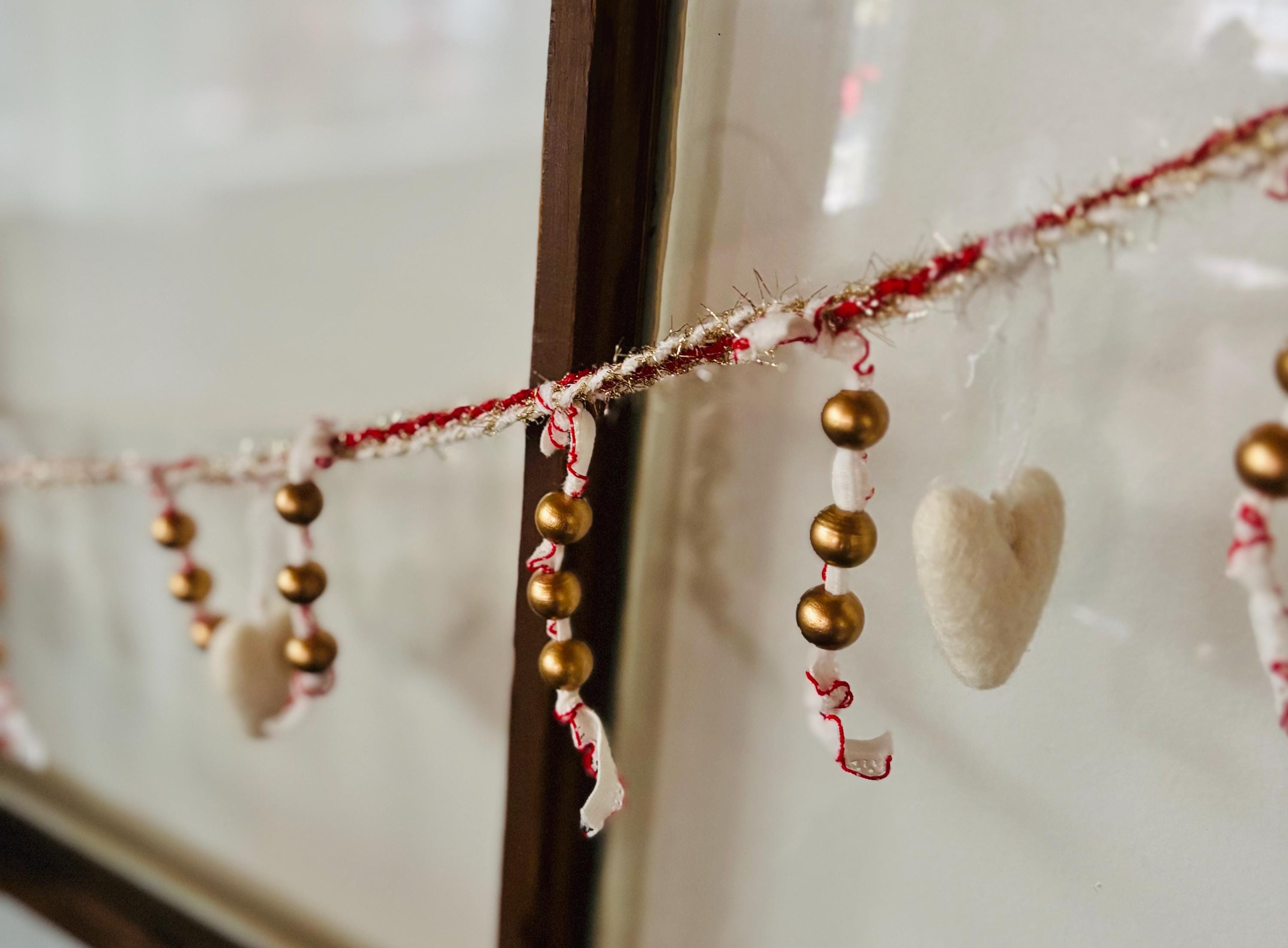 Neutral Valentine Garland 75 Inch | Brass Bead Felt Heart Garland | Minimal Valentine Mantel Decor | Cottage Valentine Garland