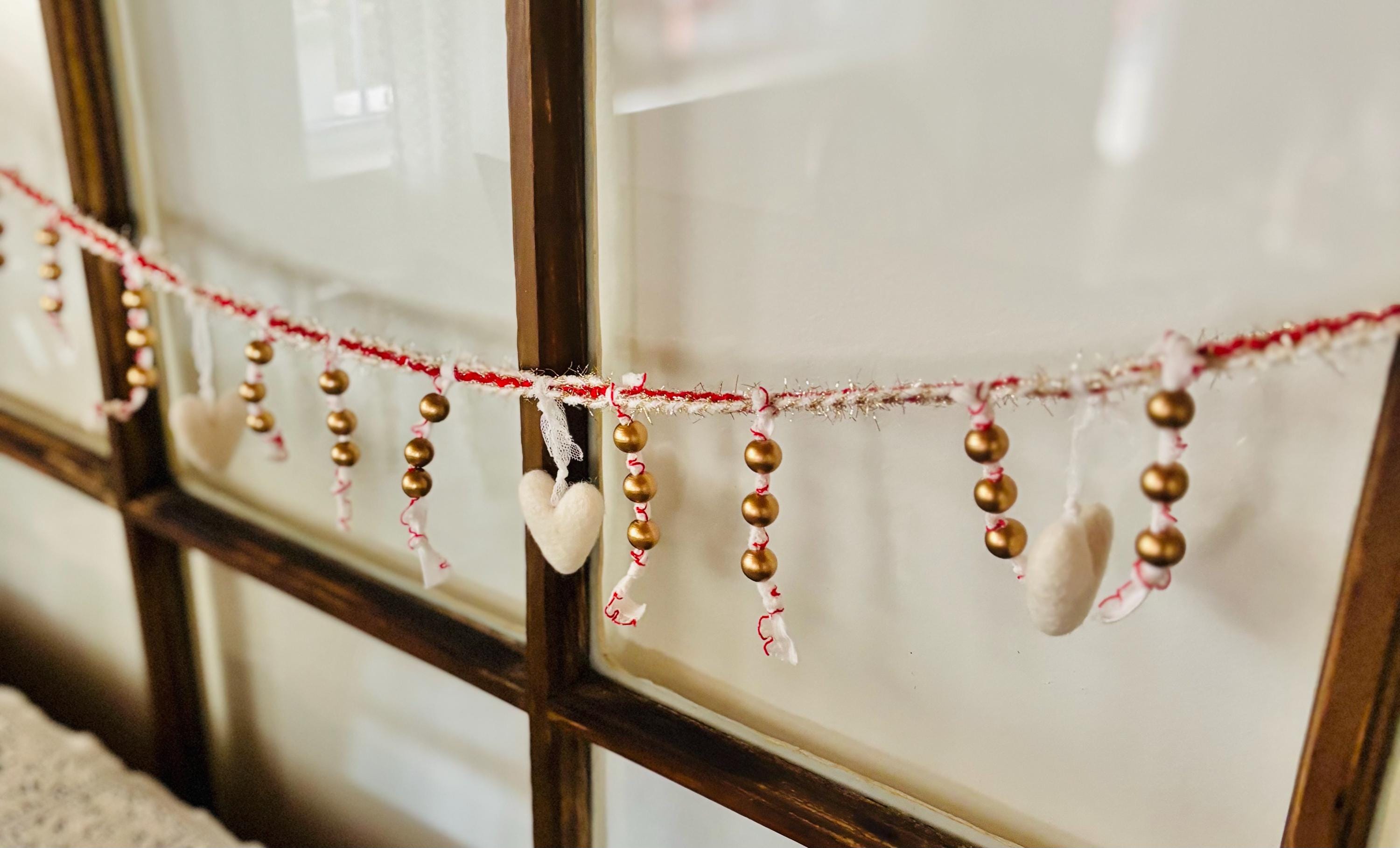 Neutral Valentine Garland 75 Inch | Brass Bead Felt Heart Garland | Minimal Valentine Mantel Decor | Cottage Valentine Garland