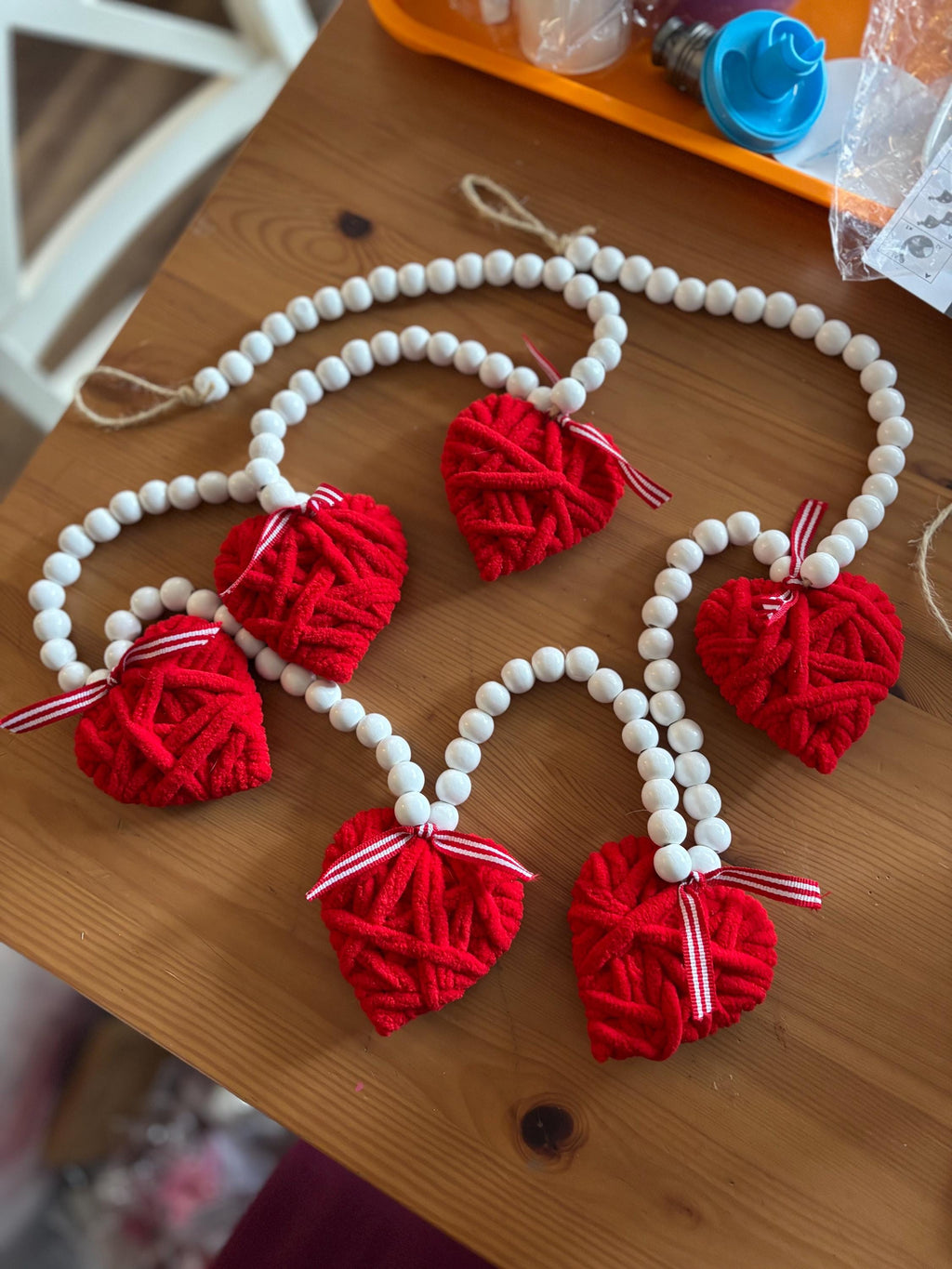 Red Heart Bead Garland  Valentine Decor, Farmhouse Tiered Tray, Handmade Yarn Heart Garland