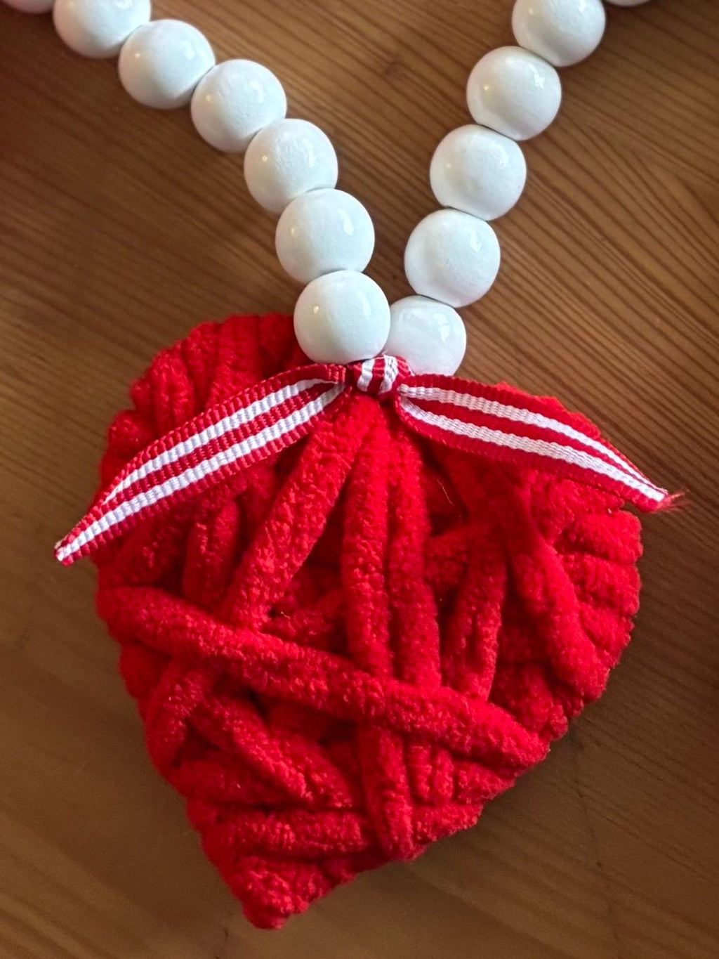 Red Heart Bead Garland  Valentine Decor, Farmhouse Tiered Tray, Handmade Yarn Heart Garland