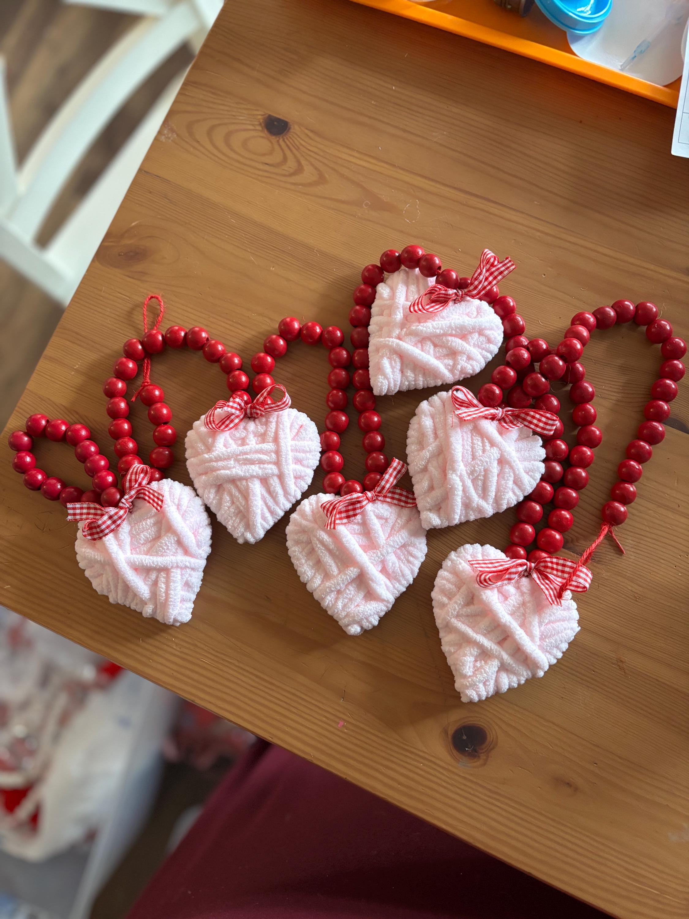Pink Heart Bead Garland  Valentine Decor, Farmhouse Tiered Tray, Handmade Yarn Heart Garland, Wood Bead Garland