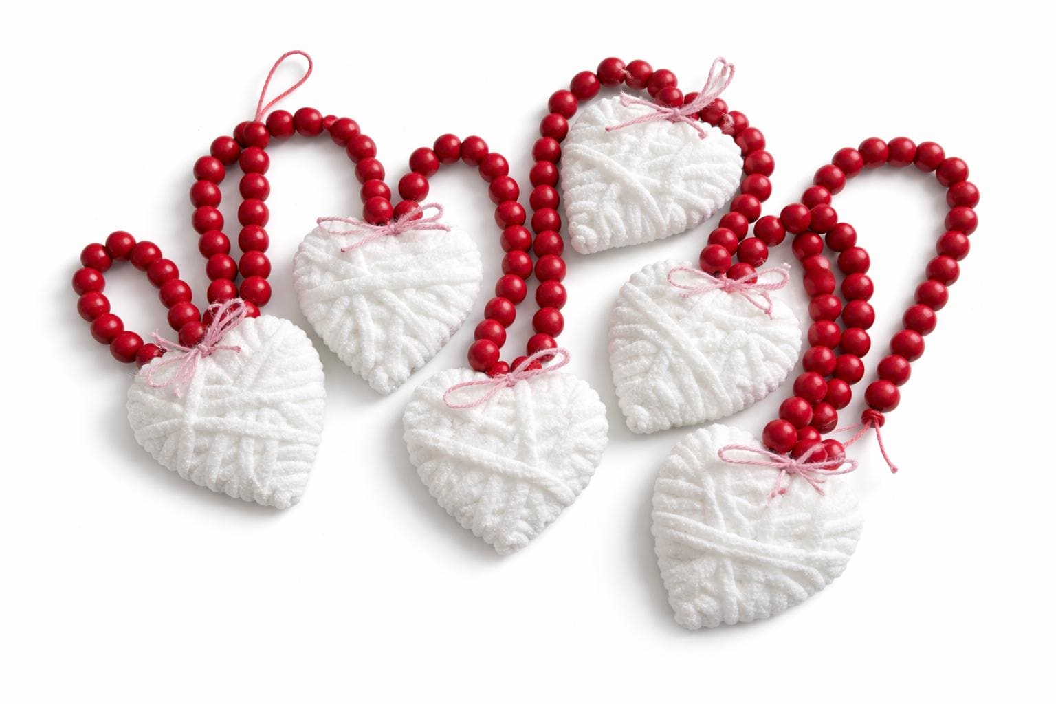 White Heart Bead Garland  Valentine Decor, Farmhouse Tiered Tray, Handmade Yarn Heart Garland, Wood Bead Garland