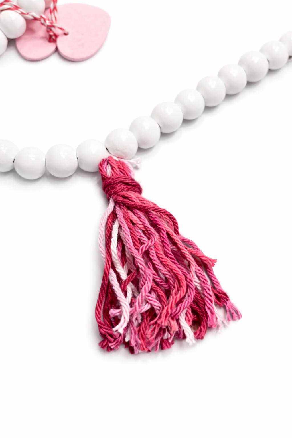 Valentine Beaded Garland with Pink Hearts & Tassels | Farmhouse Valentine Decor | Mantel Shelf Tiered Tray Decoration