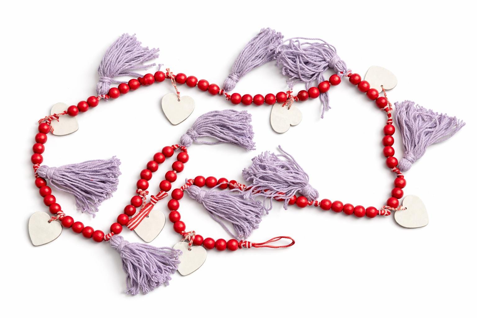 Valentine Beaded Garland with Whote Hearts & Purple Tassels | Farmhouse Valentine Decor | Mantel Shelf Tiered Tray Decoration
