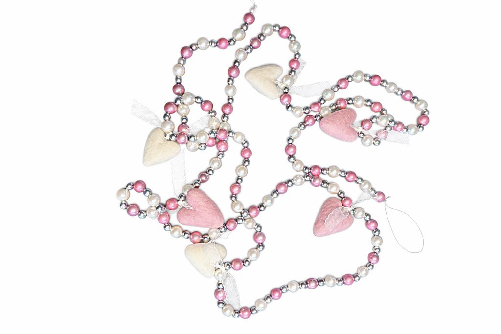 Valentine Beaded Garland with Felt Hearts | Pink & White Glass Beads | Romantic Valentine Decor | Handmade Heart Garland
