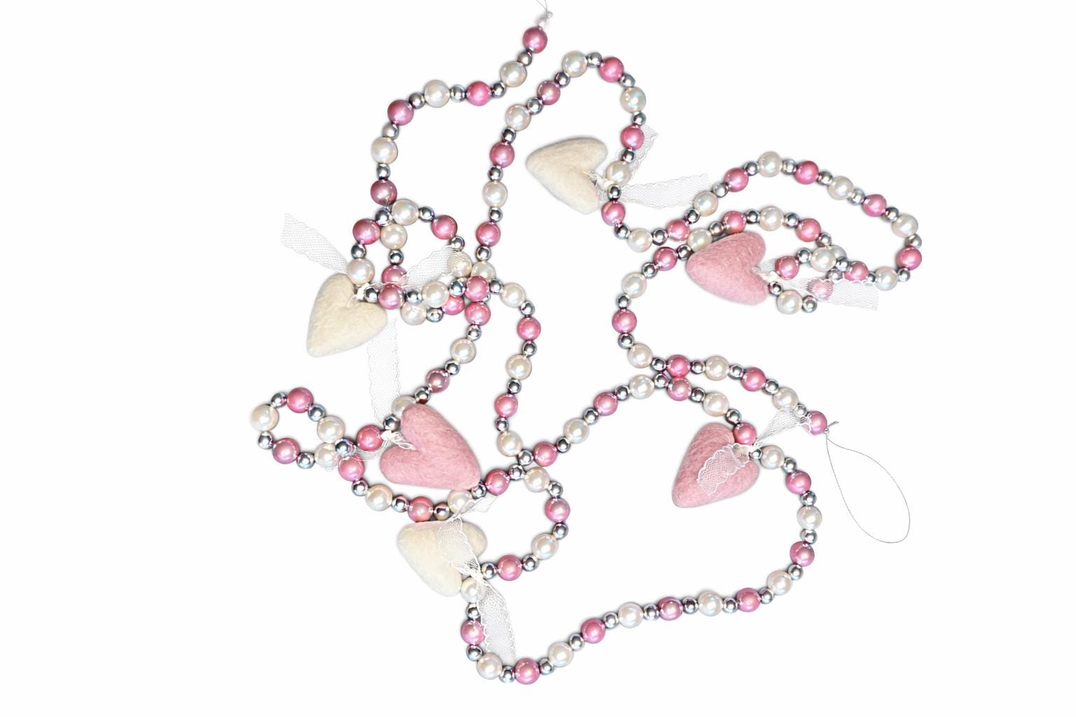 Valentine Beaded Garland with Felt Hearts | Pink & White Glass Beads | Romantic Valentine Decor | Handmade Heart Garland