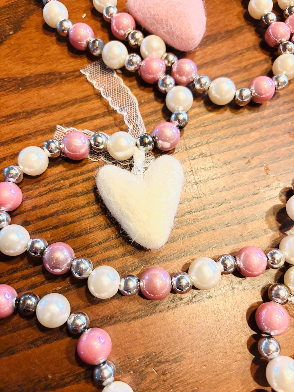 Valentine Beaded Garland with Felt Hearts | Pink & White Glass Beads | Romantic Valentine Decor | Handmade Heart Garland